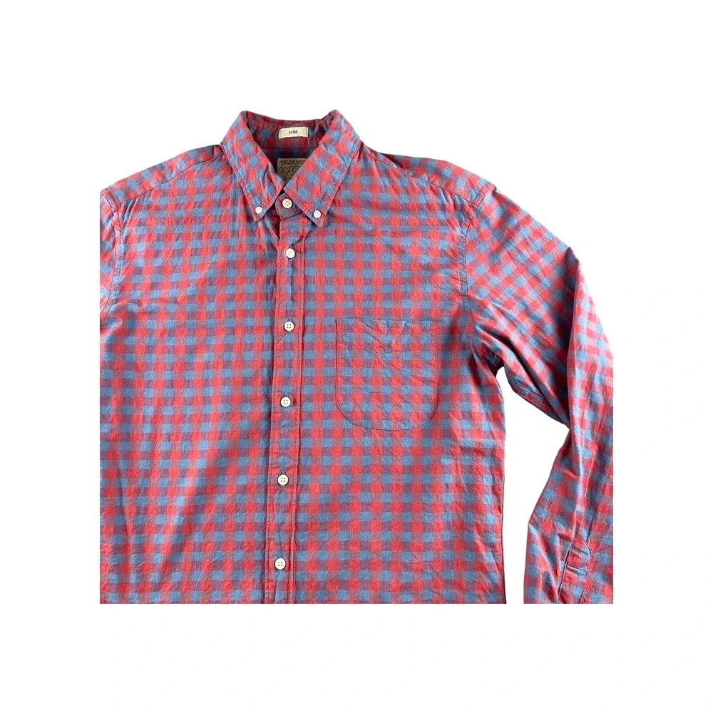 J Crew Slim Fit Organic Cotton‎ Gingham Button Down Shirt Men Size M Red Blue
